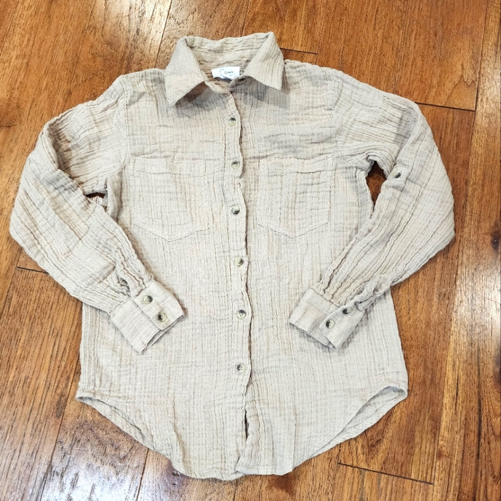 Japna 100% Cotton Tan Crinkle Cotton Lightweight Long Sleeve Button Up Shirt.
